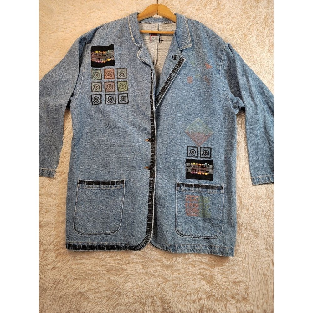 Vintage Sun Belt Denim Women's Jacket, Hand Painted Southwestern Design, Large